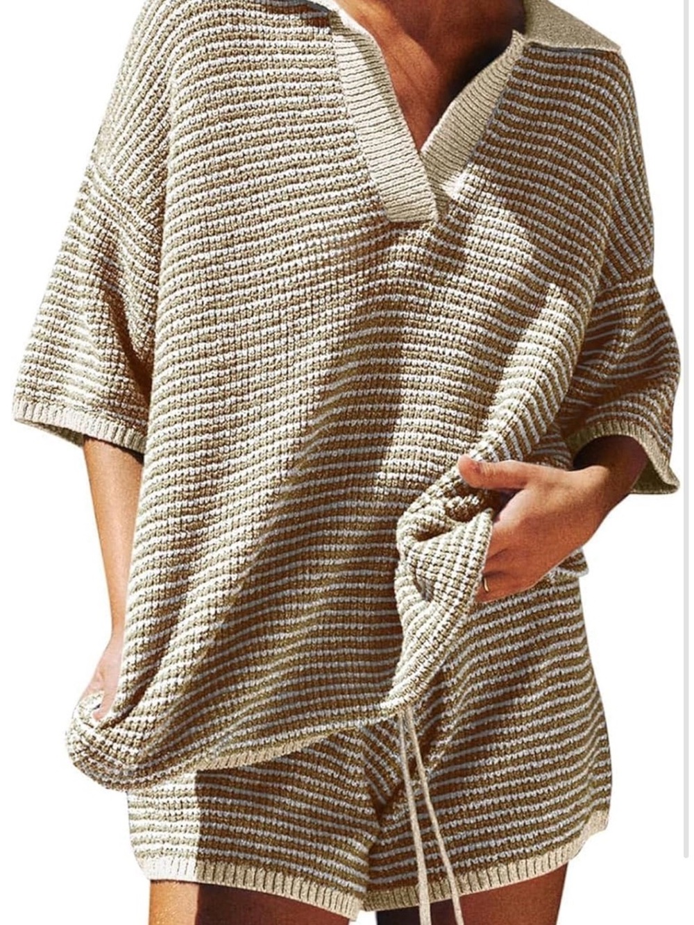 Beige & Cream Knit Lounge Set - Short Sleeve Sweater and Drawstring Shorts